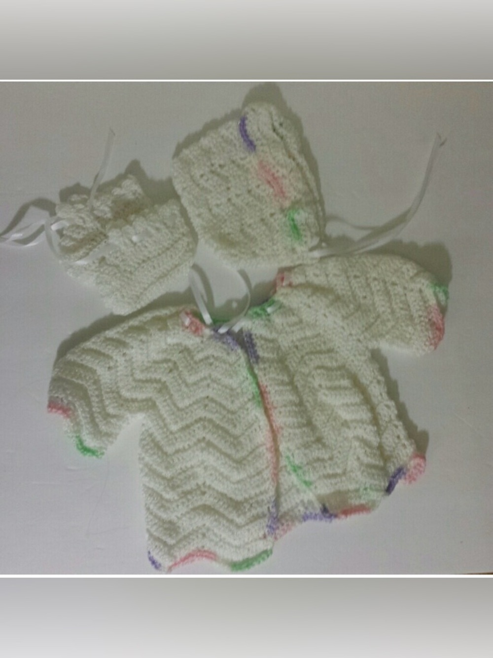Sweater, Booties and Hat Baby Outfit sz 6 -9 Crocheted HANDMADE